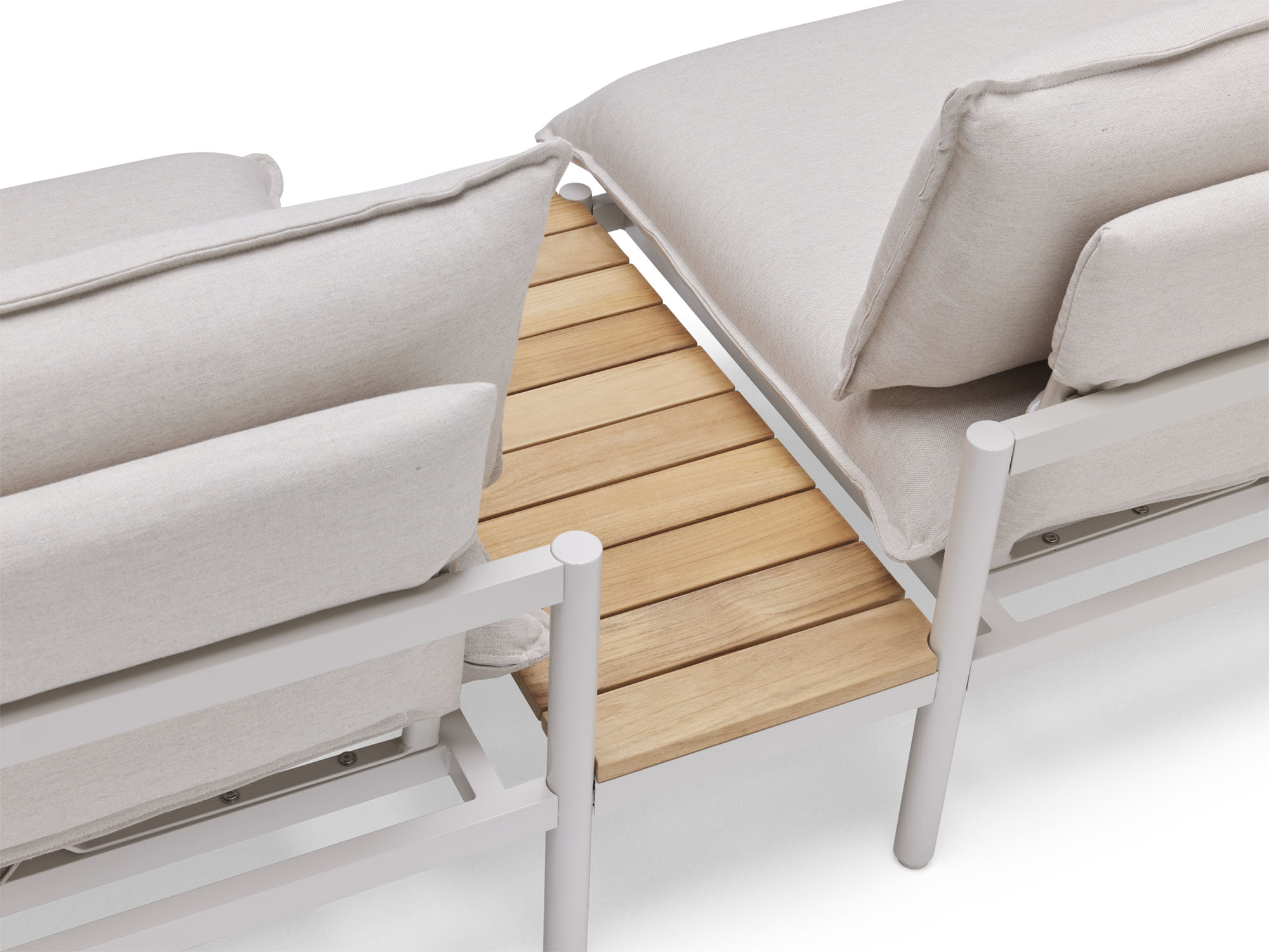 Back angle view of wood and white small outdoor end table